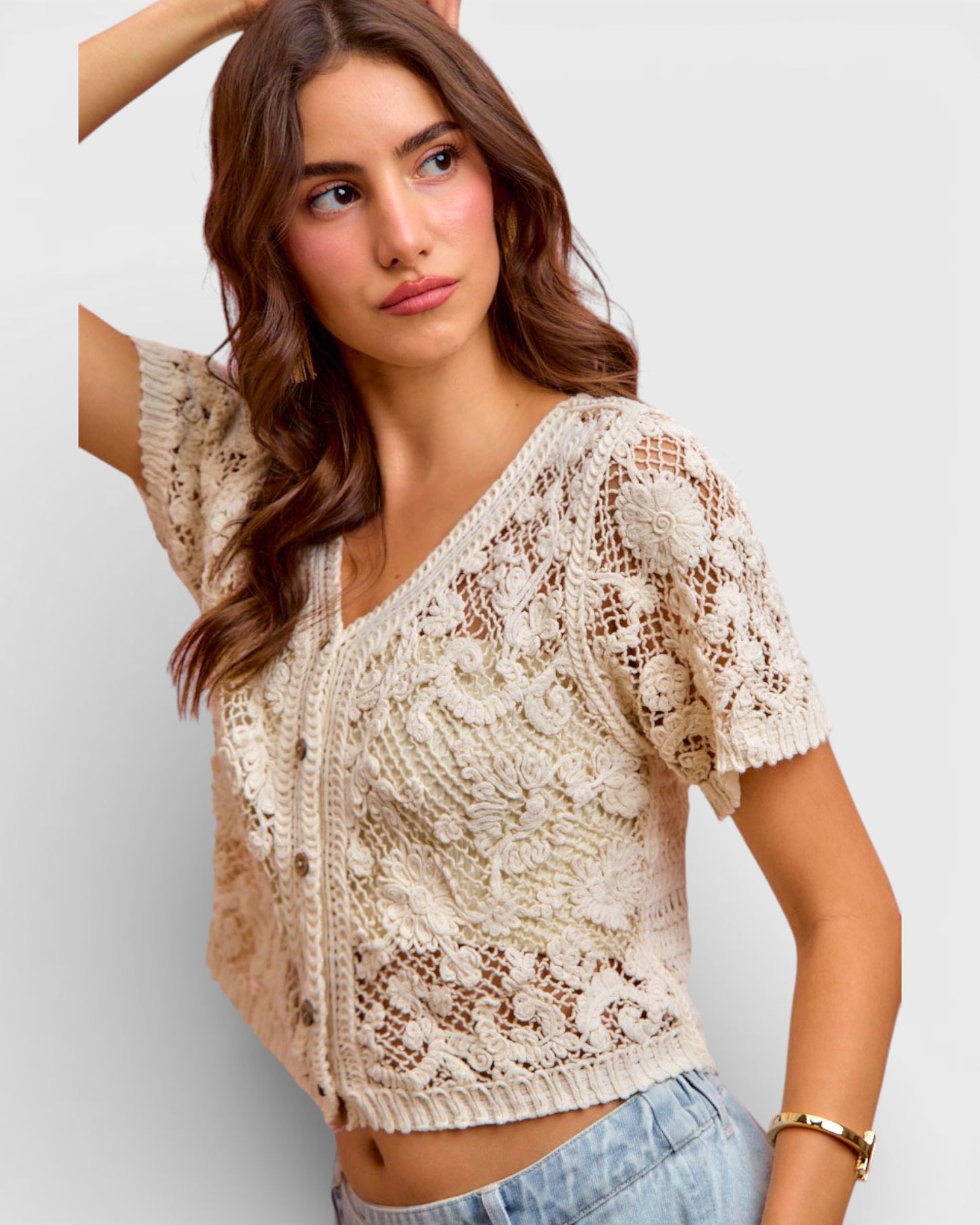 Cream Crochet Button-Front Short Sleeve Cardigan