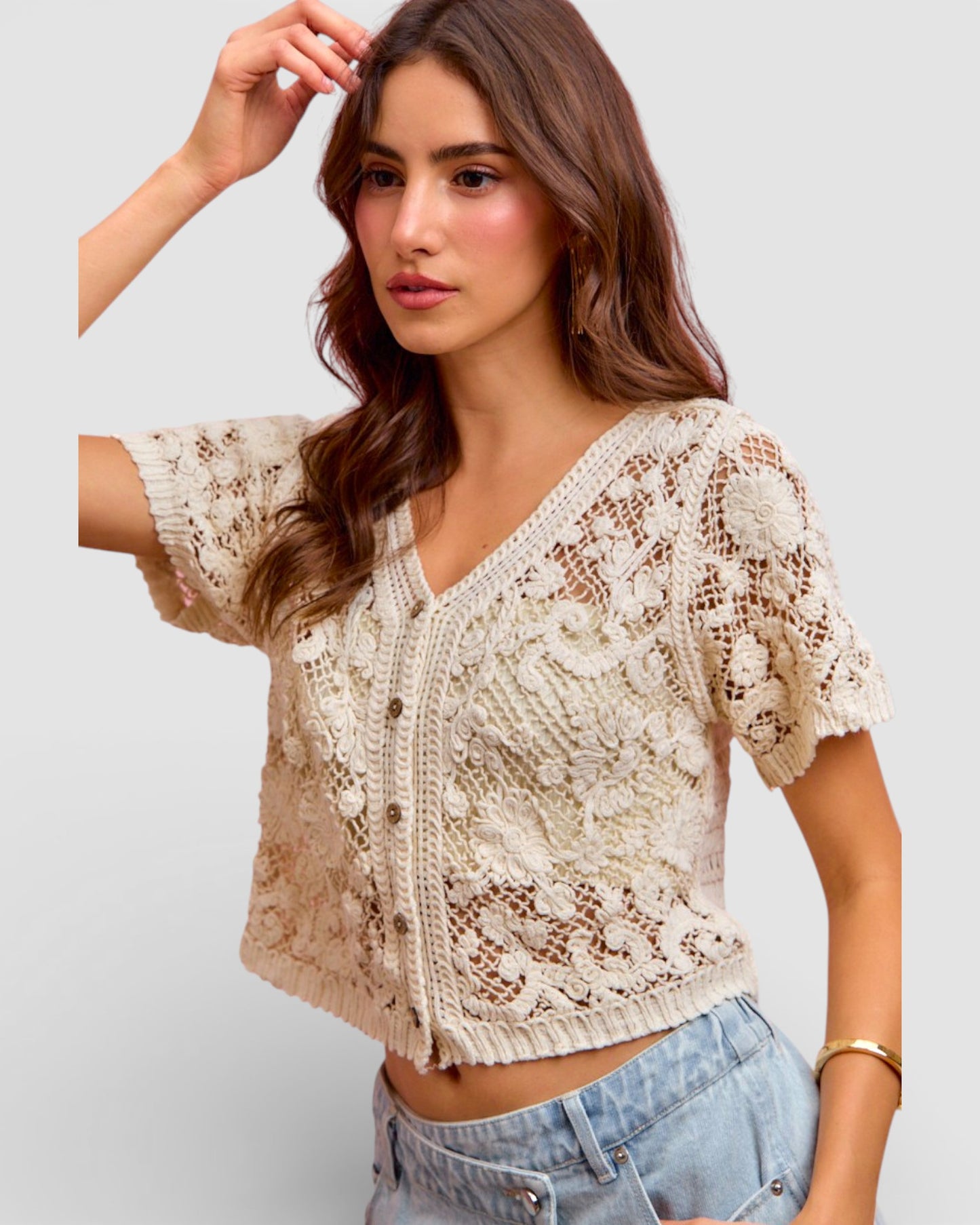Cream Crochet Button-Front Short Sleeve Cardigan