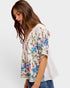 Woman wearing a floral kimono-style top on a white background
