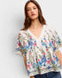Woman wearing a floral embroidered top against a plain background