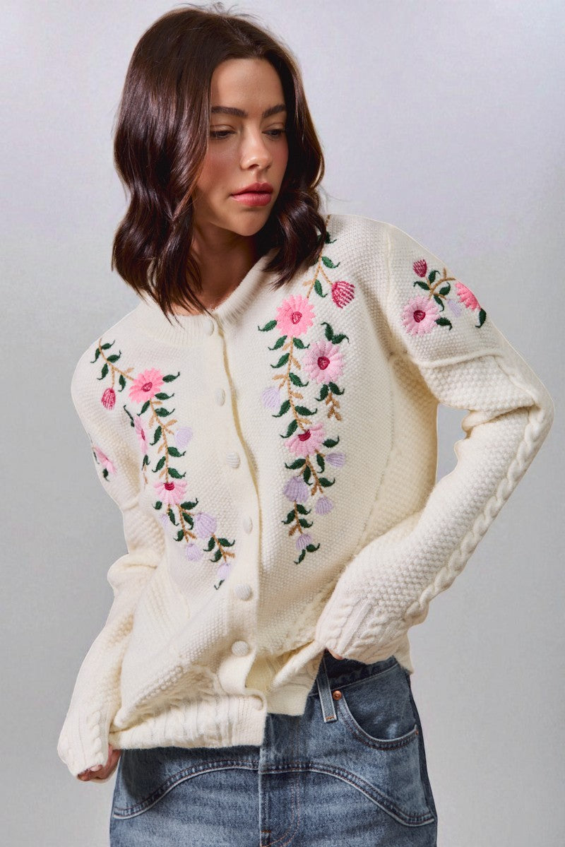 Woman wearing a cream cardigan with floral embroidery against a plain background