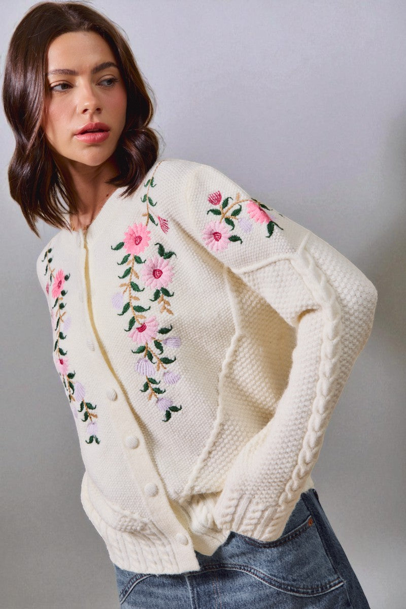 Woman wearing a cream-colored cardigan with floral embroidery against a plain background