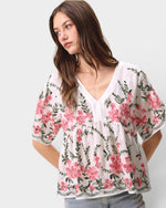 Woman wearing a white blouse with pink floral patterns on a plain background