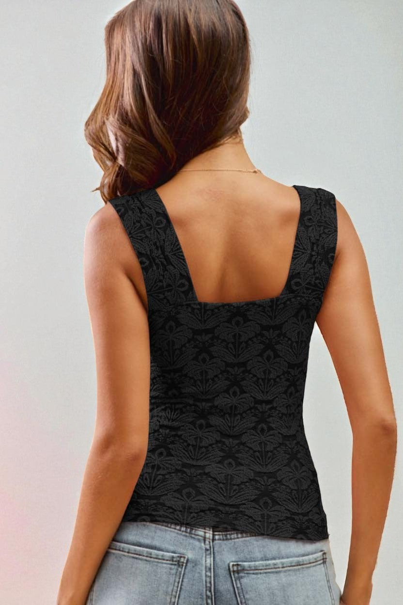Black Jacquard Square Neck Tank Top