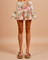 Floral skirt worn by a person on a beige background