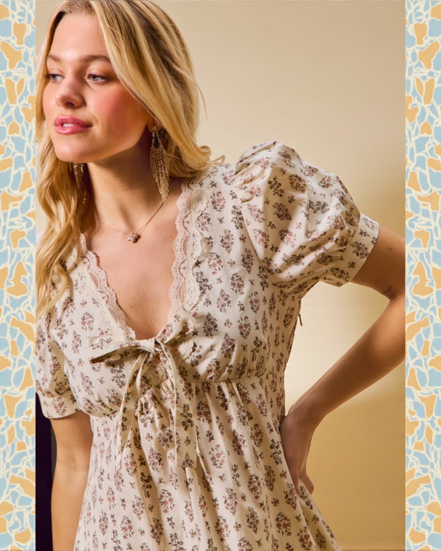 Woman wearing a floral dress with a neutral background