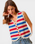 Woman wearing a red, white, and blue striped vest with lace trim on a light gray background