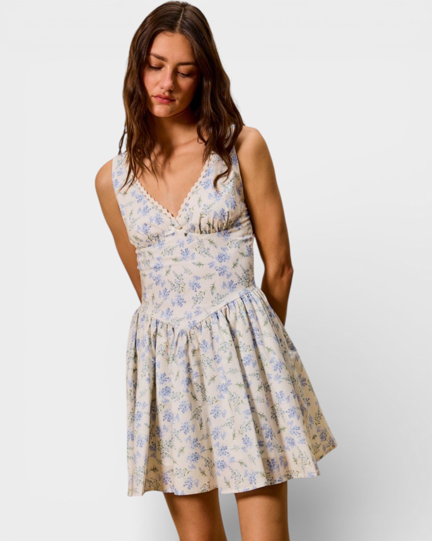 Cream & Blue Floral Sleeveless Mini Dress