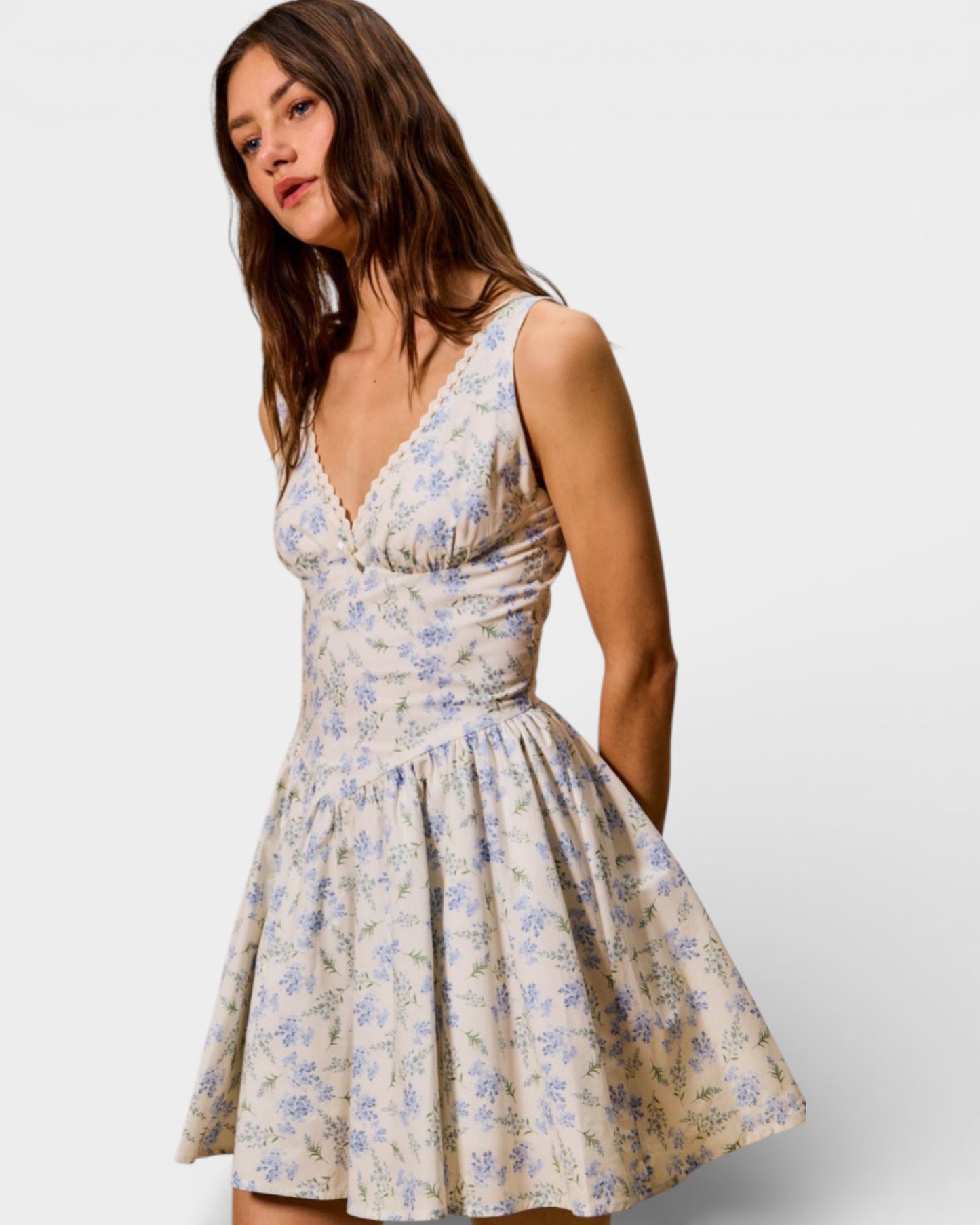 Cream & Blue Floral Sleeveless Mini Dress