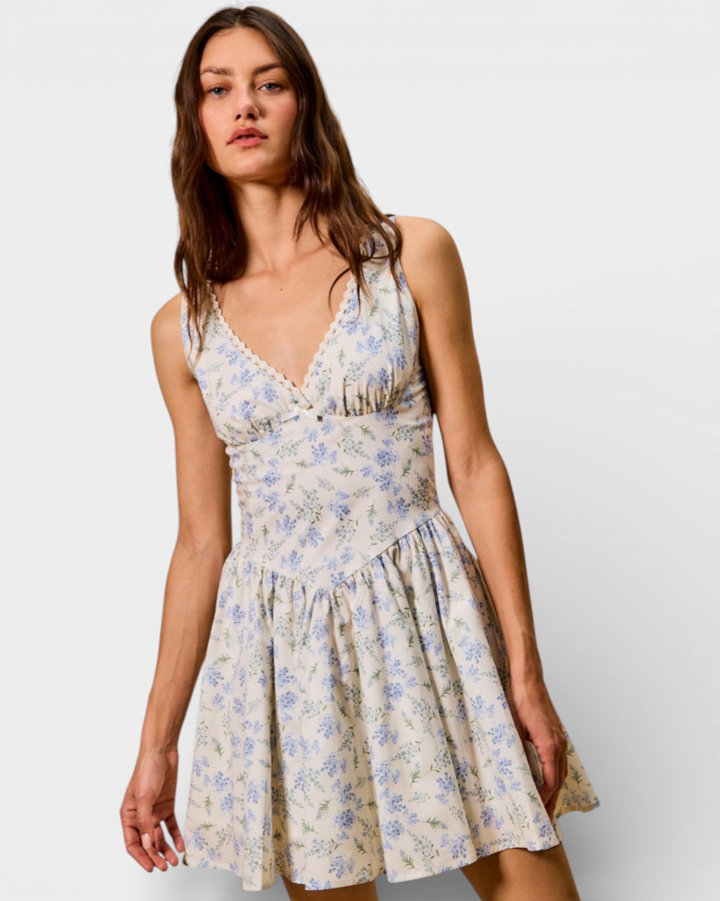 Cream & Blue Floral Sleeveless Mini Dress