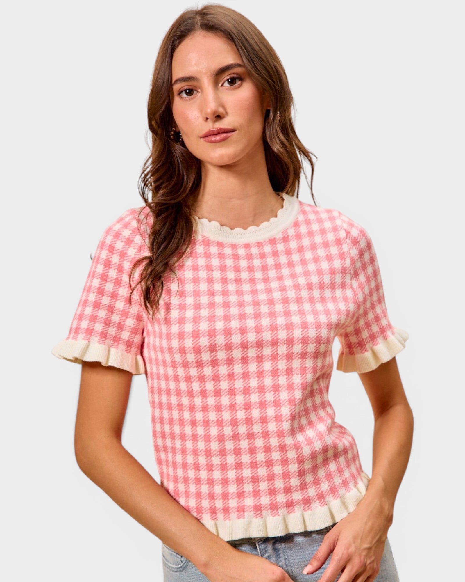 Pink Gingham Ruffle Trim Knit Top