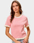 Pink Gingham Ruffle Trim Knit Top