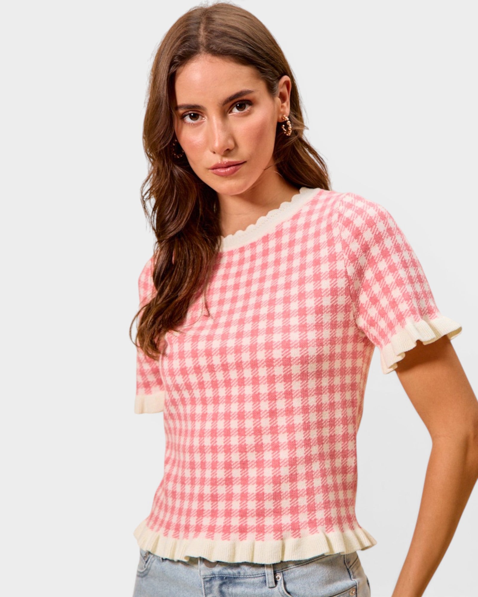 Pink Gingham Ruffle Trim Knit Top