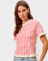Pink Gingham Ruffle Trim Knit Top
