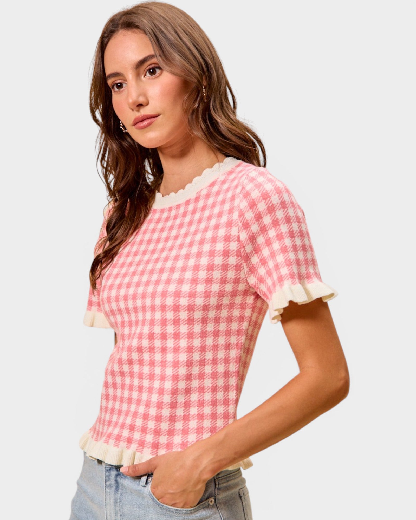 Pink Gingham Ruffle Trim Knit Top