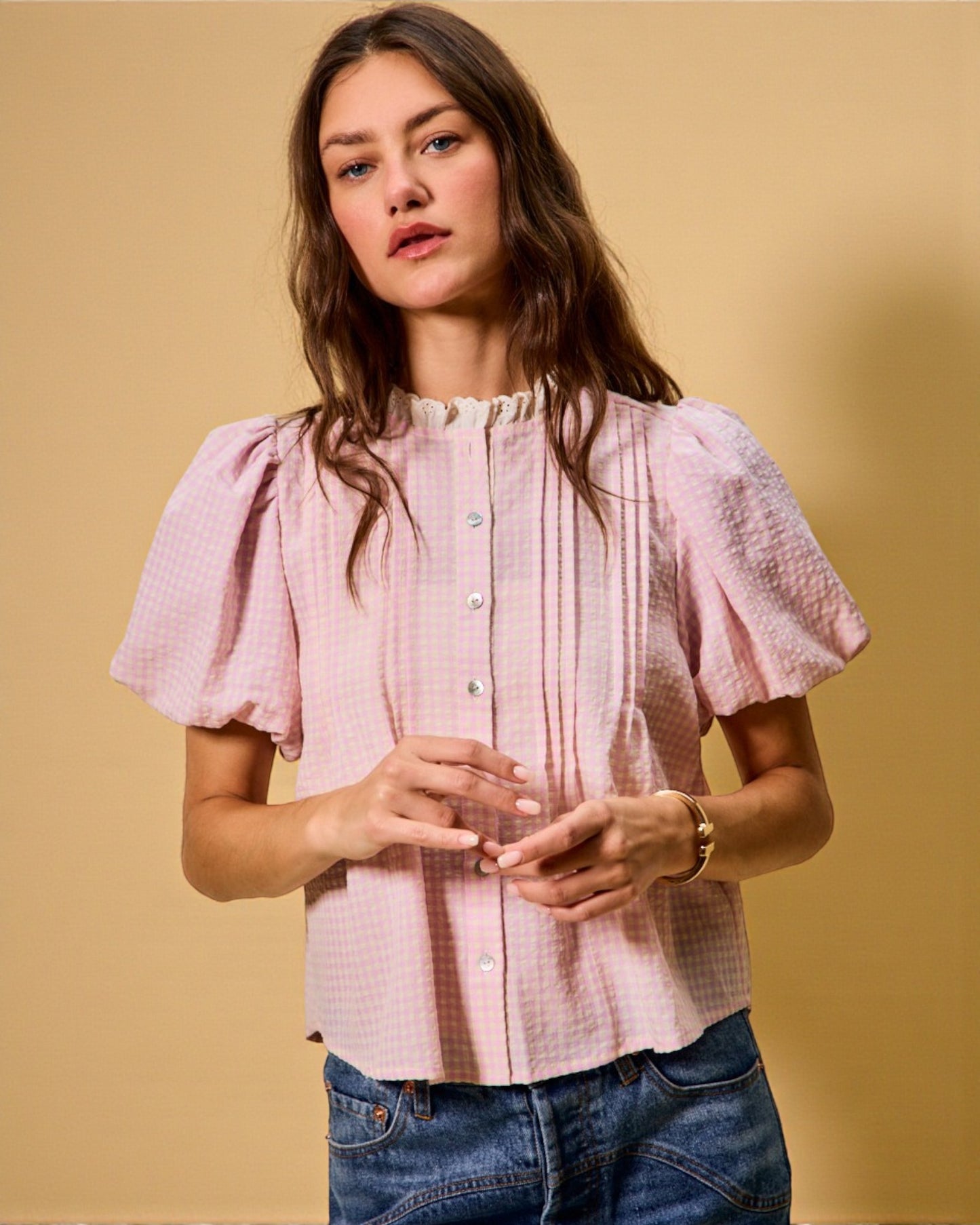 Blush Gingham Puff Sleeve Button-Up Top