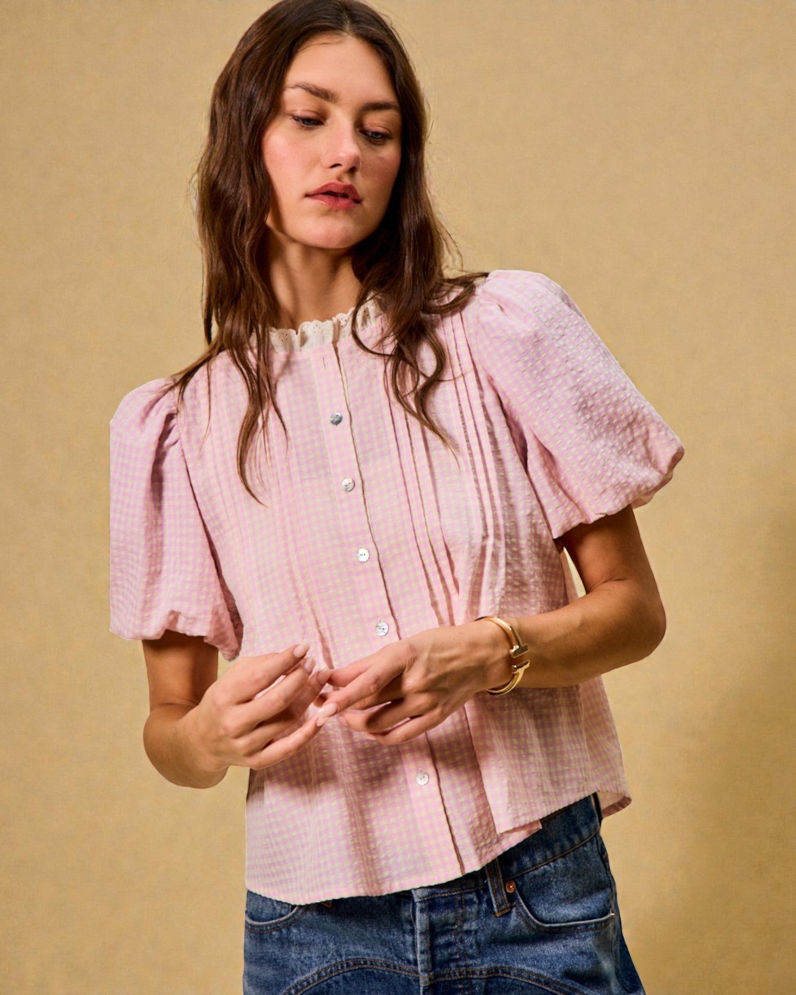 Blush Gingham Puff Sleeve Button-Up Top