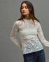 Woman wearing a white lace long-sleeve top against a gray background