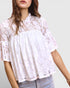 White lace blouse worn by a person on a plain background