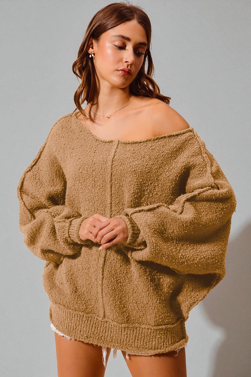 Camel Off-Shoulder Bouclé Pullover