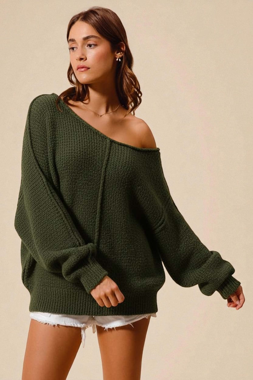 Forest Off-Shoulder Bouclé Pullover