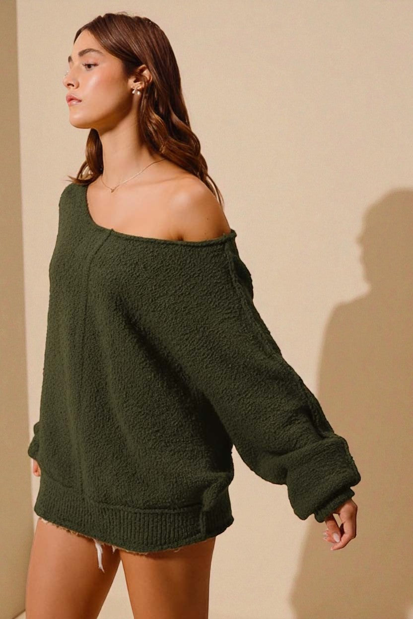 Forest Off-Shoulder Bouclé Pullover