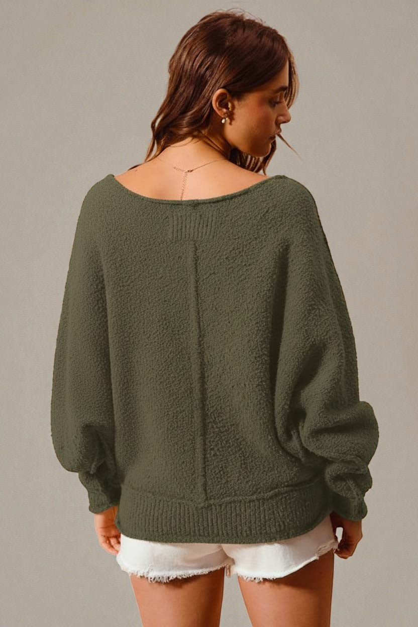 Forest Off-Shoulder Bouclé Pullover