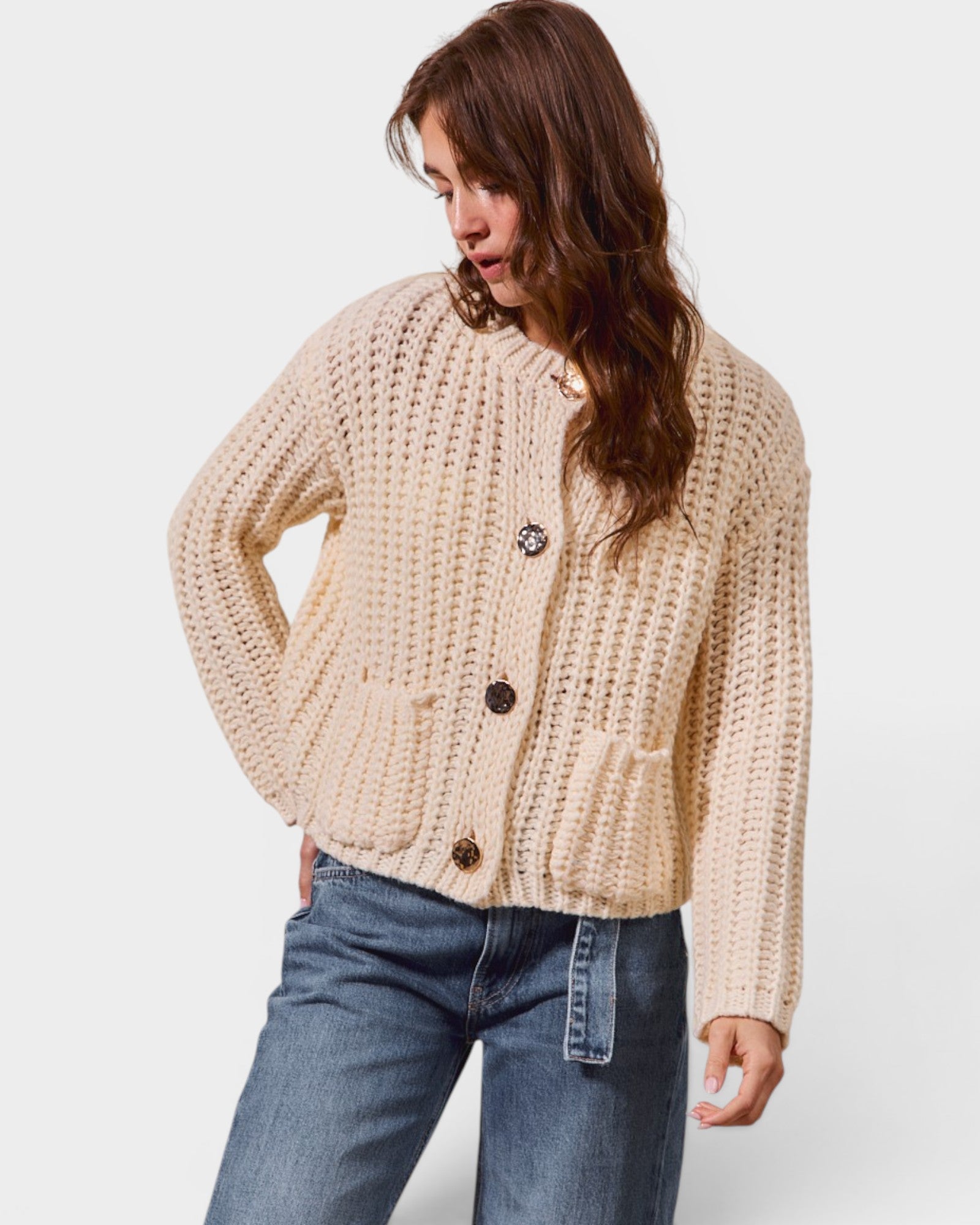 Ivory Chunky Knit Button Front Cardigan