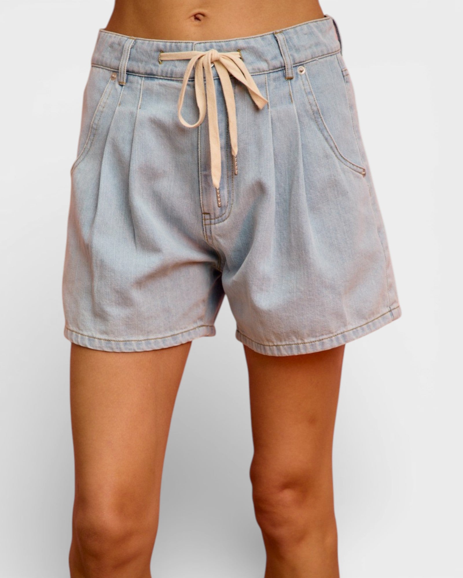 Light blue denim shorts with drawstring on a white background