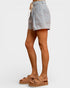 Light denim shorts worn by a person on a white background