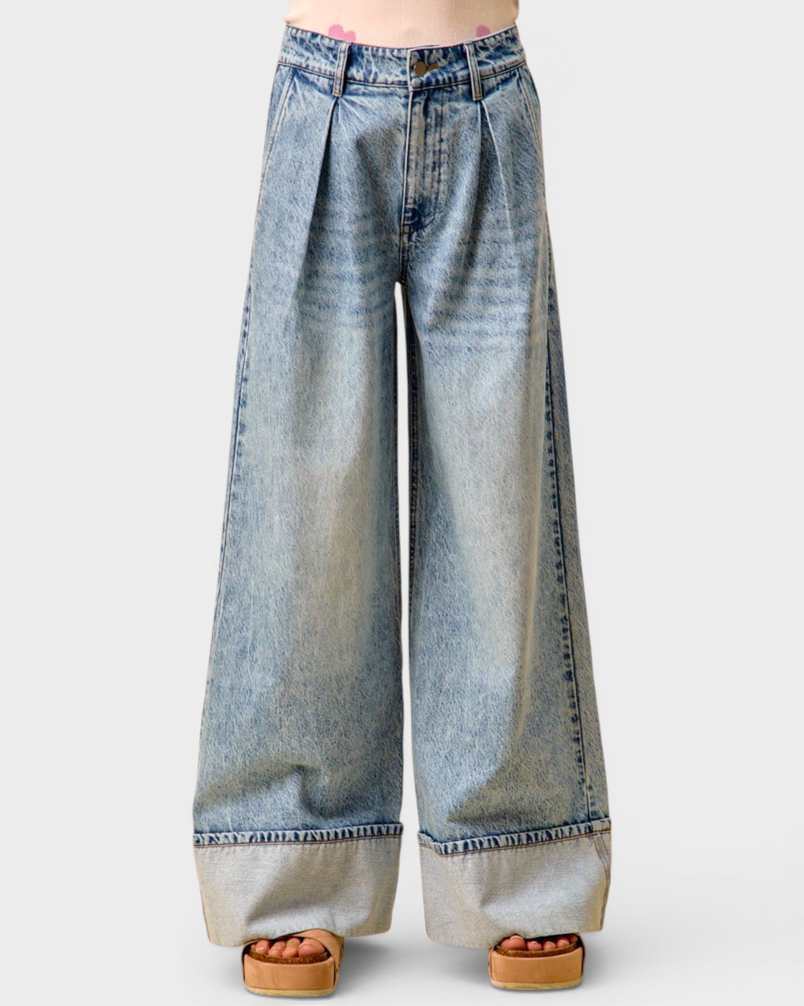 Light Wash Cuffed Wide Leg Jeans