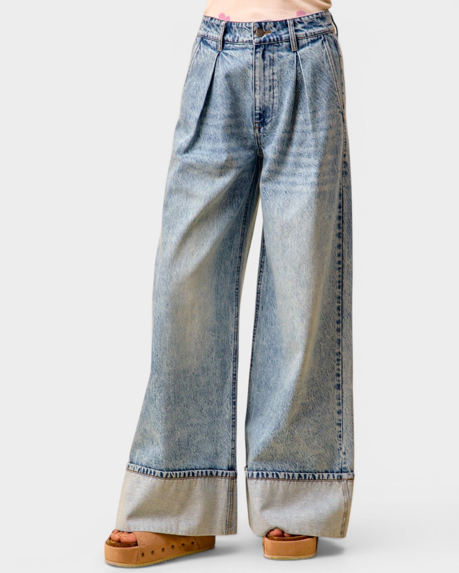 Light Wash Cuffed Wide Leg Jeans