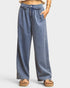 Blue denim wide-leg pants worn by a person on a white background
