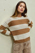 Woman wearing a striped sweater against a neutral background