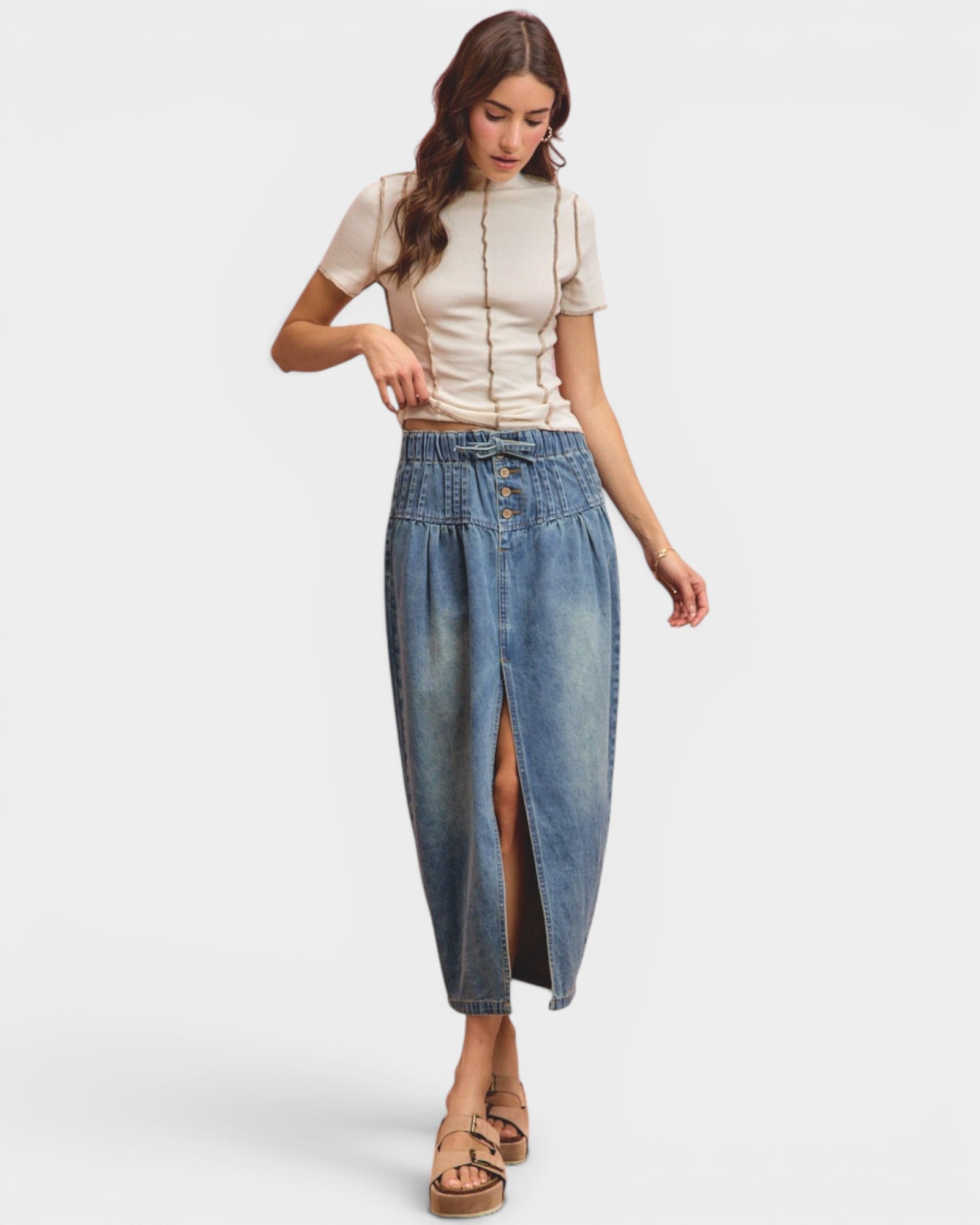 Medium Wash Denim Midi Skirt