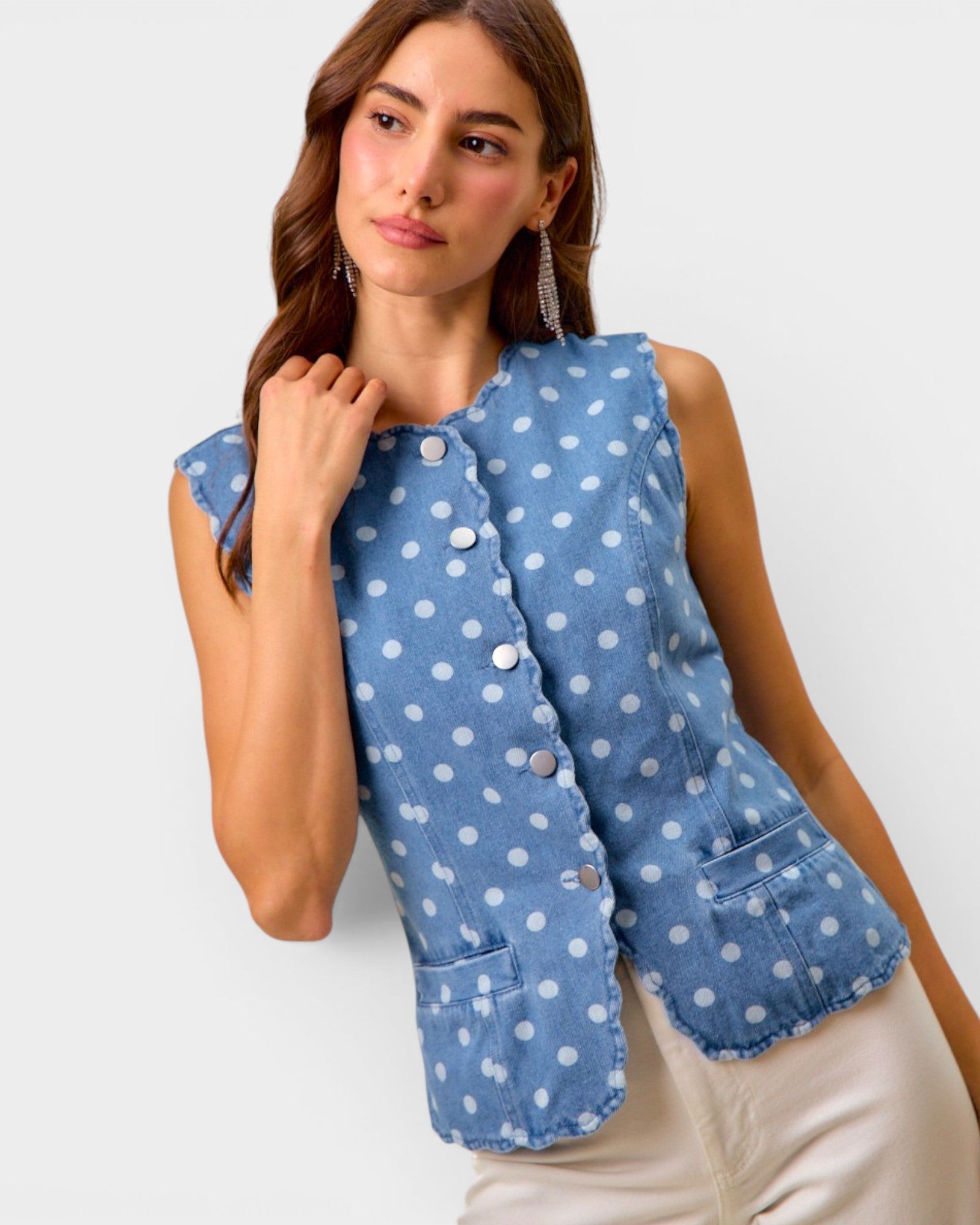Medium Wash Polka Dot Denim Vest