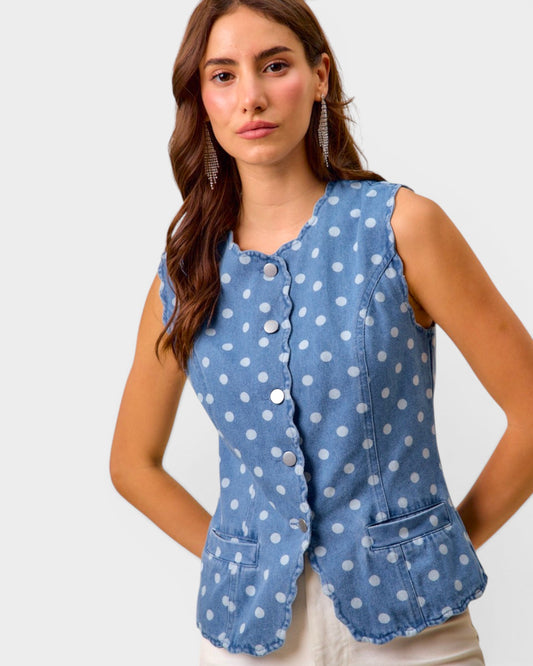 Medium Wash Polka Dot Denim Vest