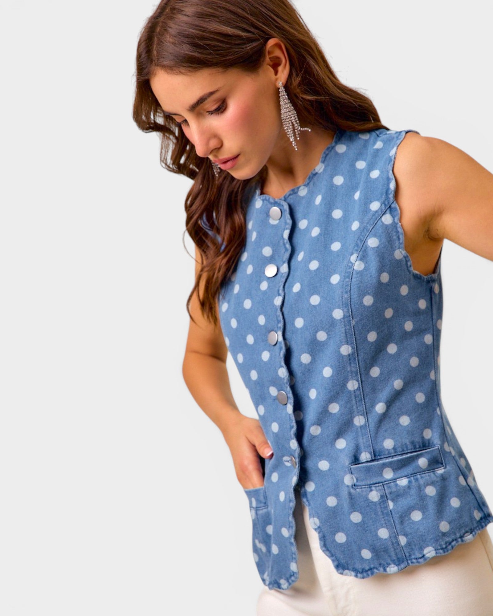 Medium Wash Polka Dot Denim Vest