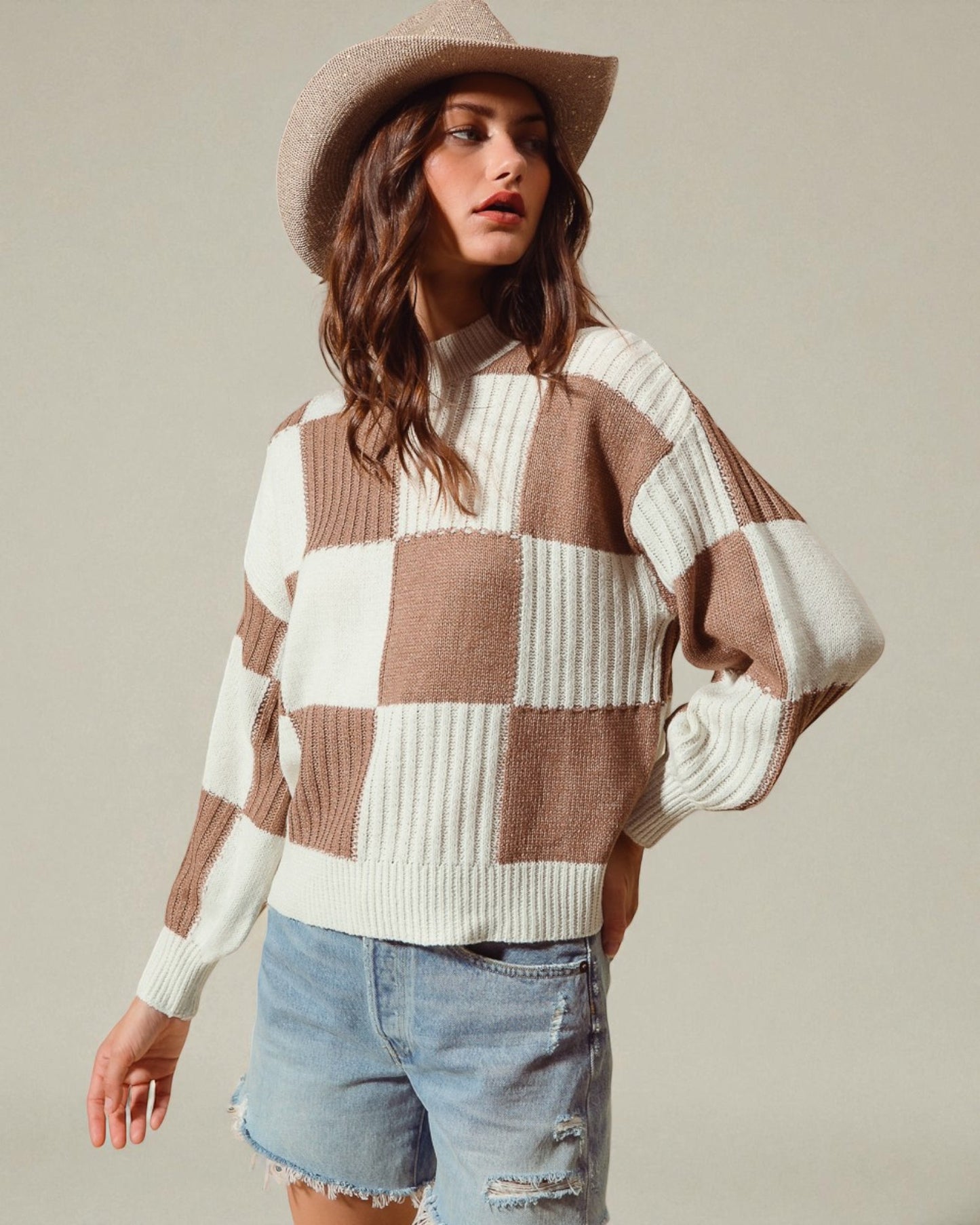 Taupe & Ivory Checkered Knit Sweater