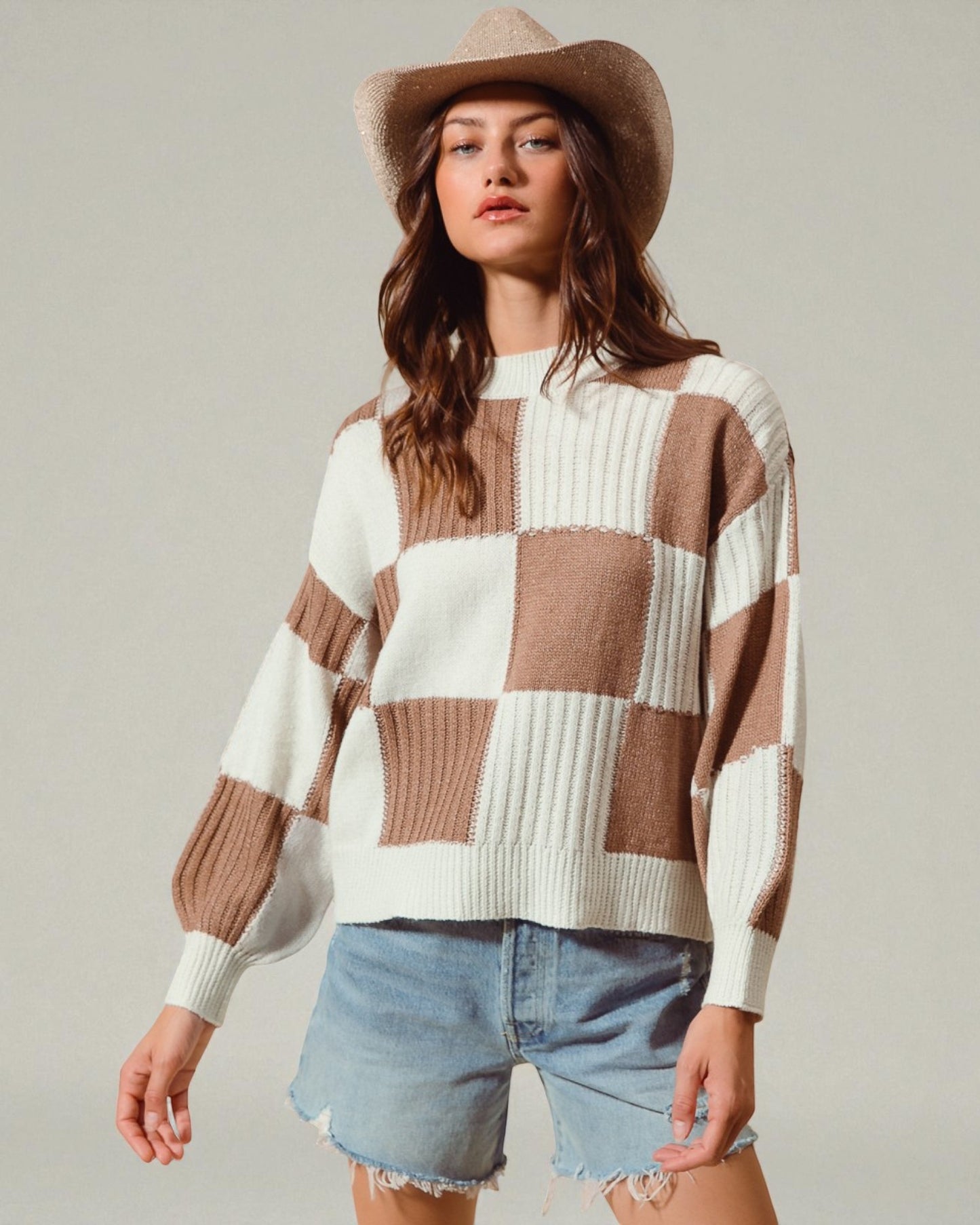 Taupe & Ivory Checkered Knit Sweater