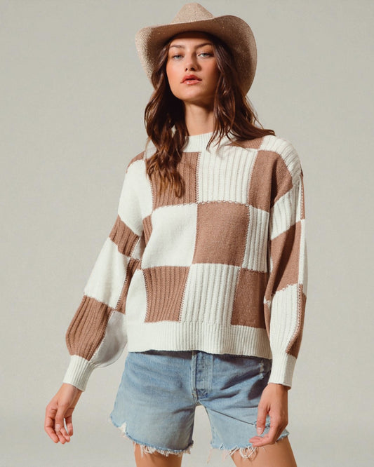 Taupe & Ivory Checkered Knit Sweater