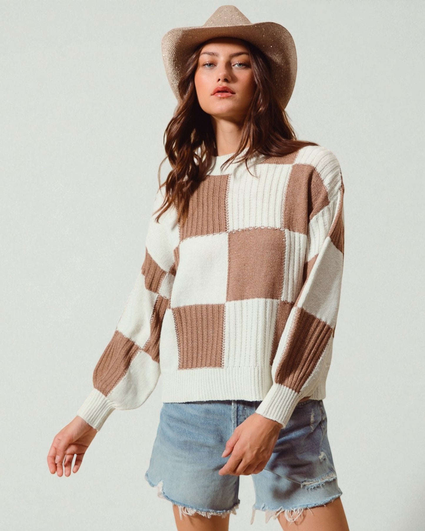 Taupe & Ivory Checkered Knit Sweater
