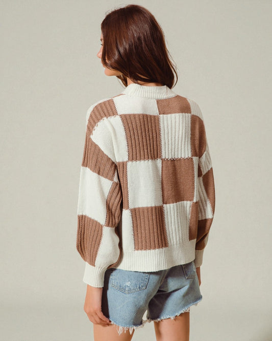 Taupe & Ivory Checkered Knit Sweater