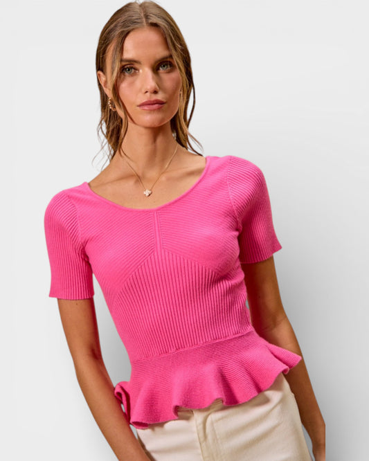 Hot Pink Ribbed Peplum Knit Top
