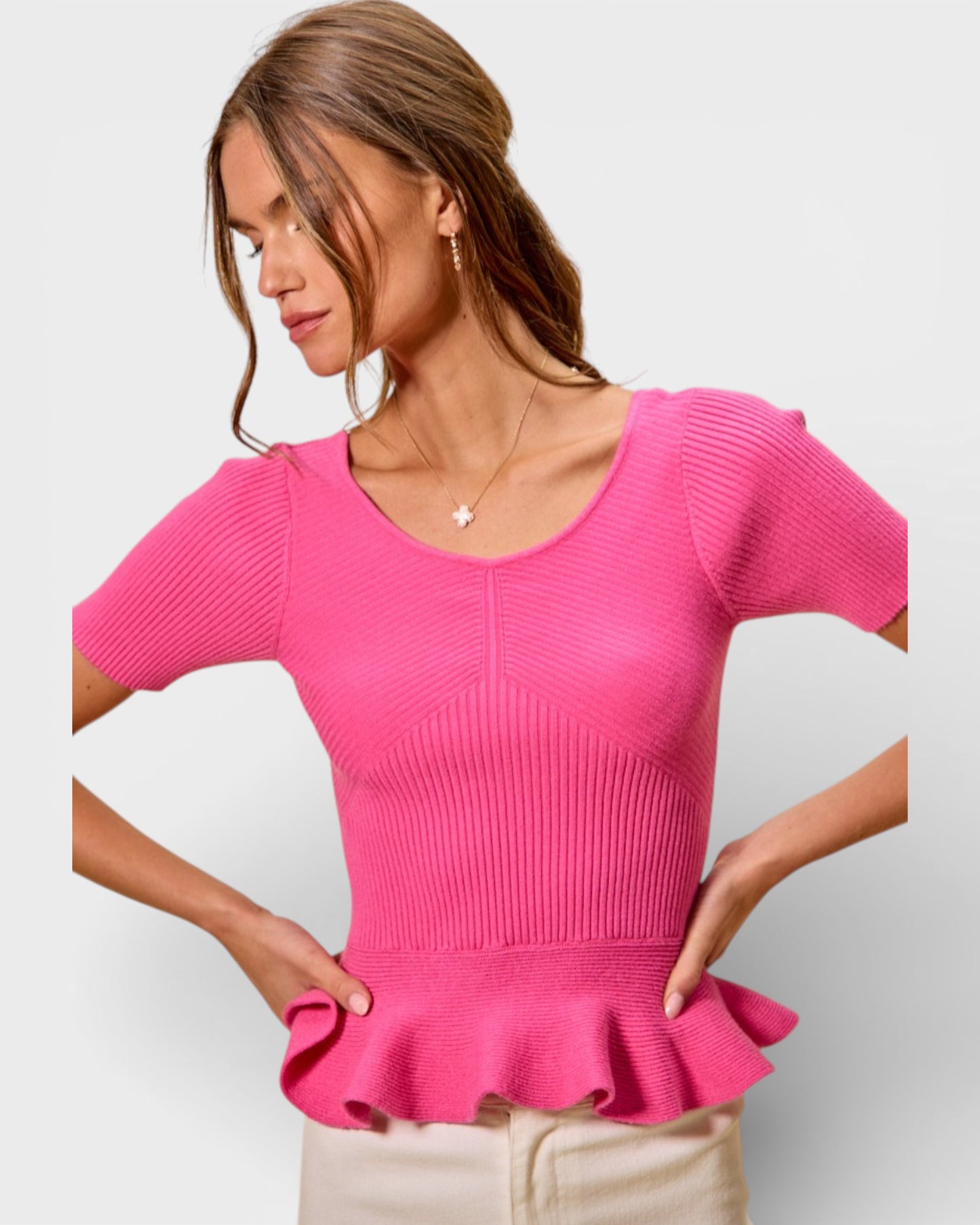 Hot Pink Ribbed Peplum Knit Top