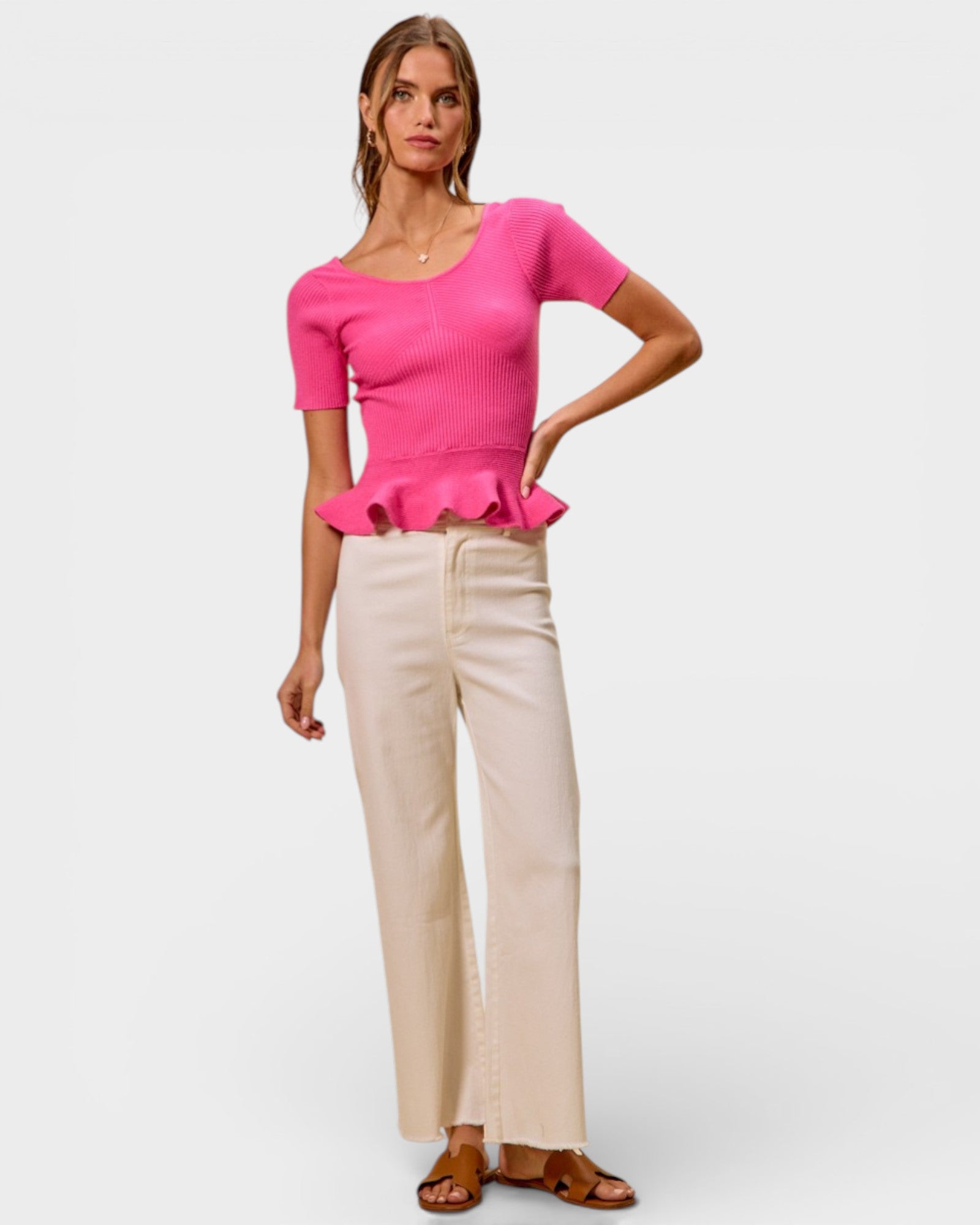 Hot Pink Ribbed Peplum Knit Top