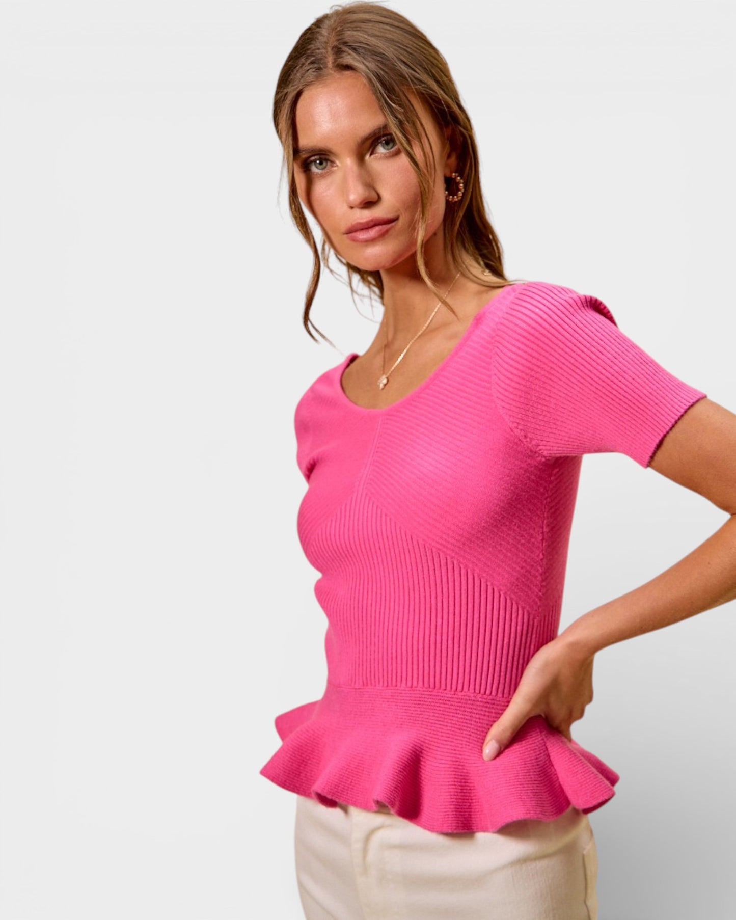 Hot Pink Ribbed Peplum Knit Top