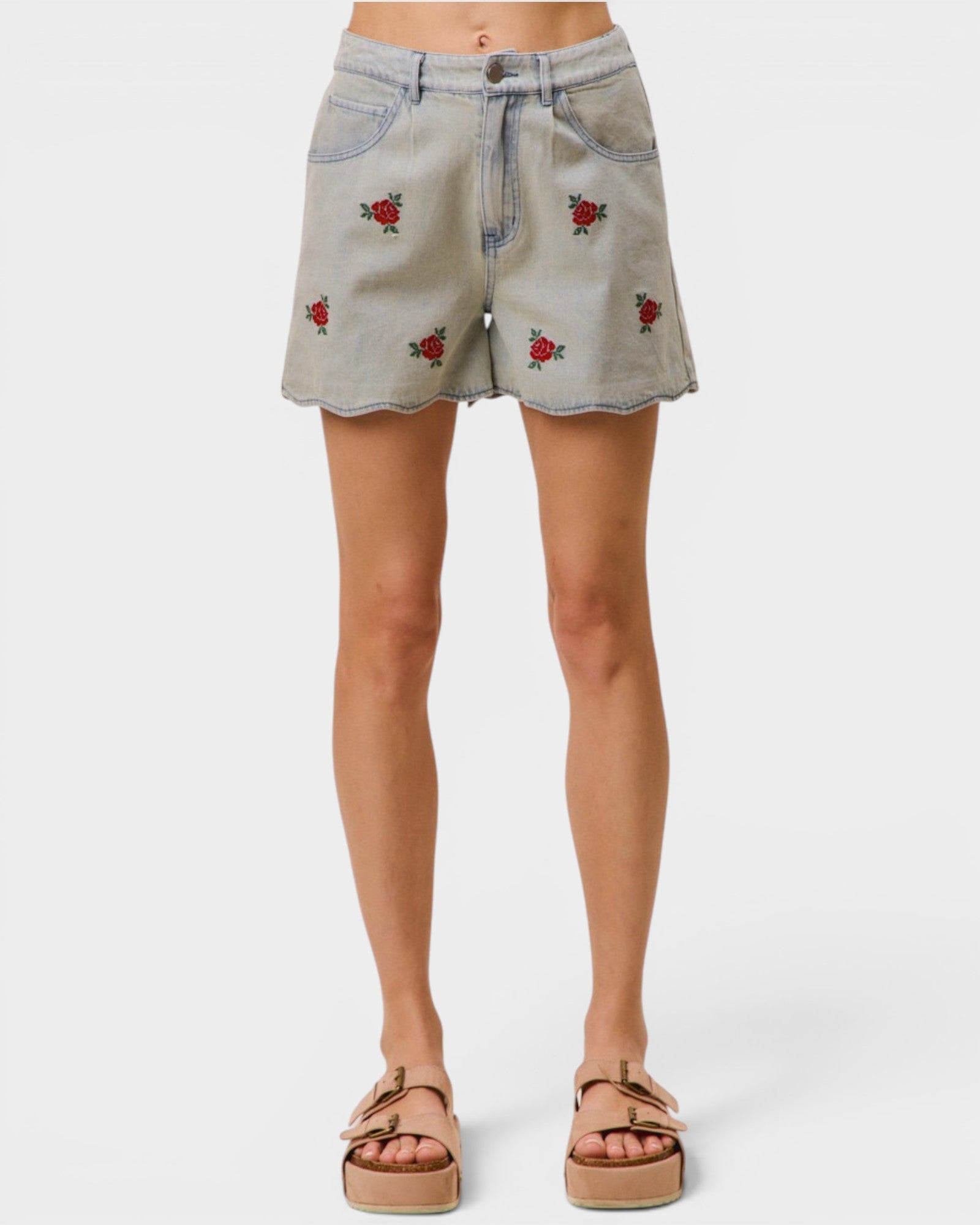 Light Wash Embroidered Rose Denim Shorts