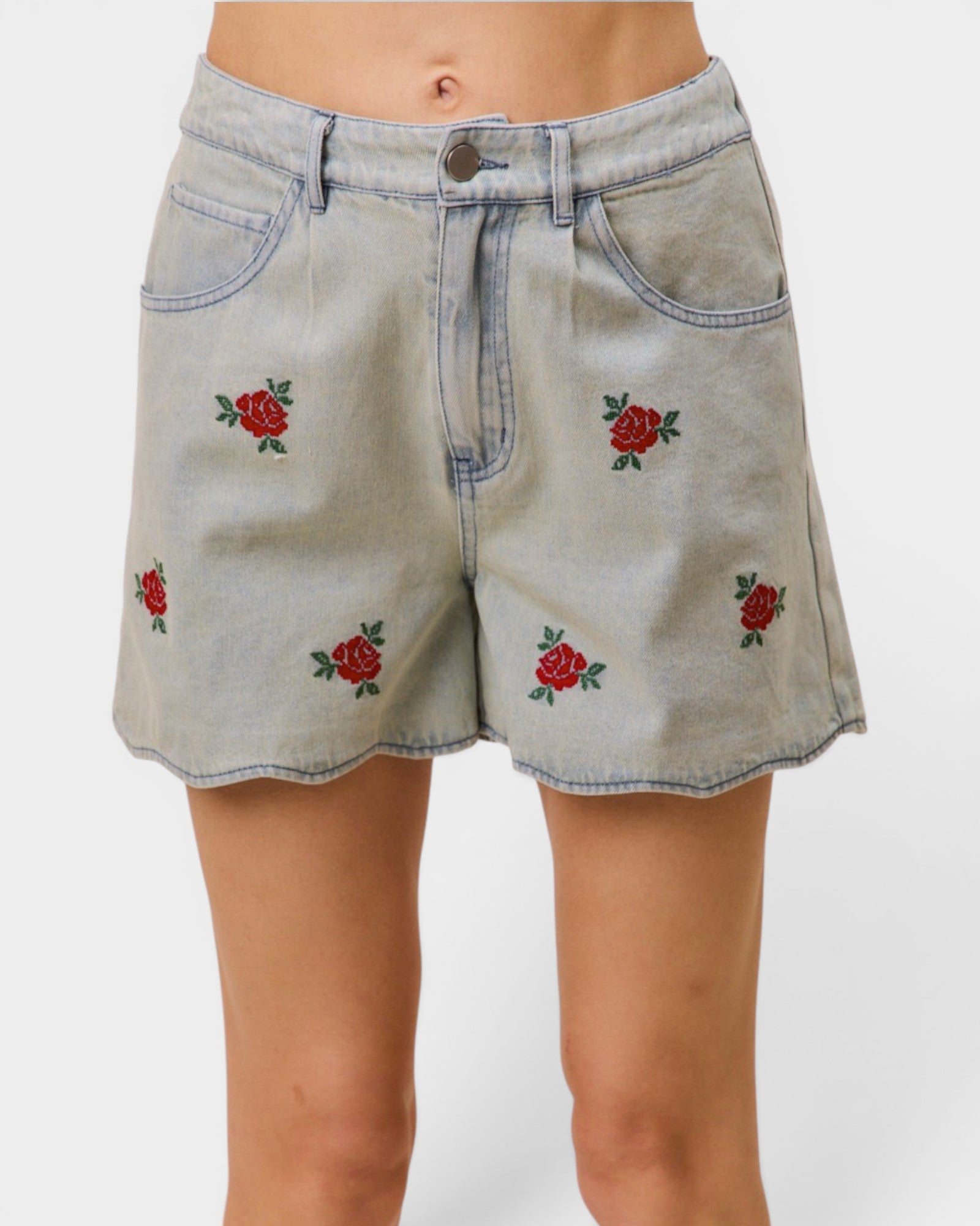Light Wash Embroidered Rose Denim Shorts