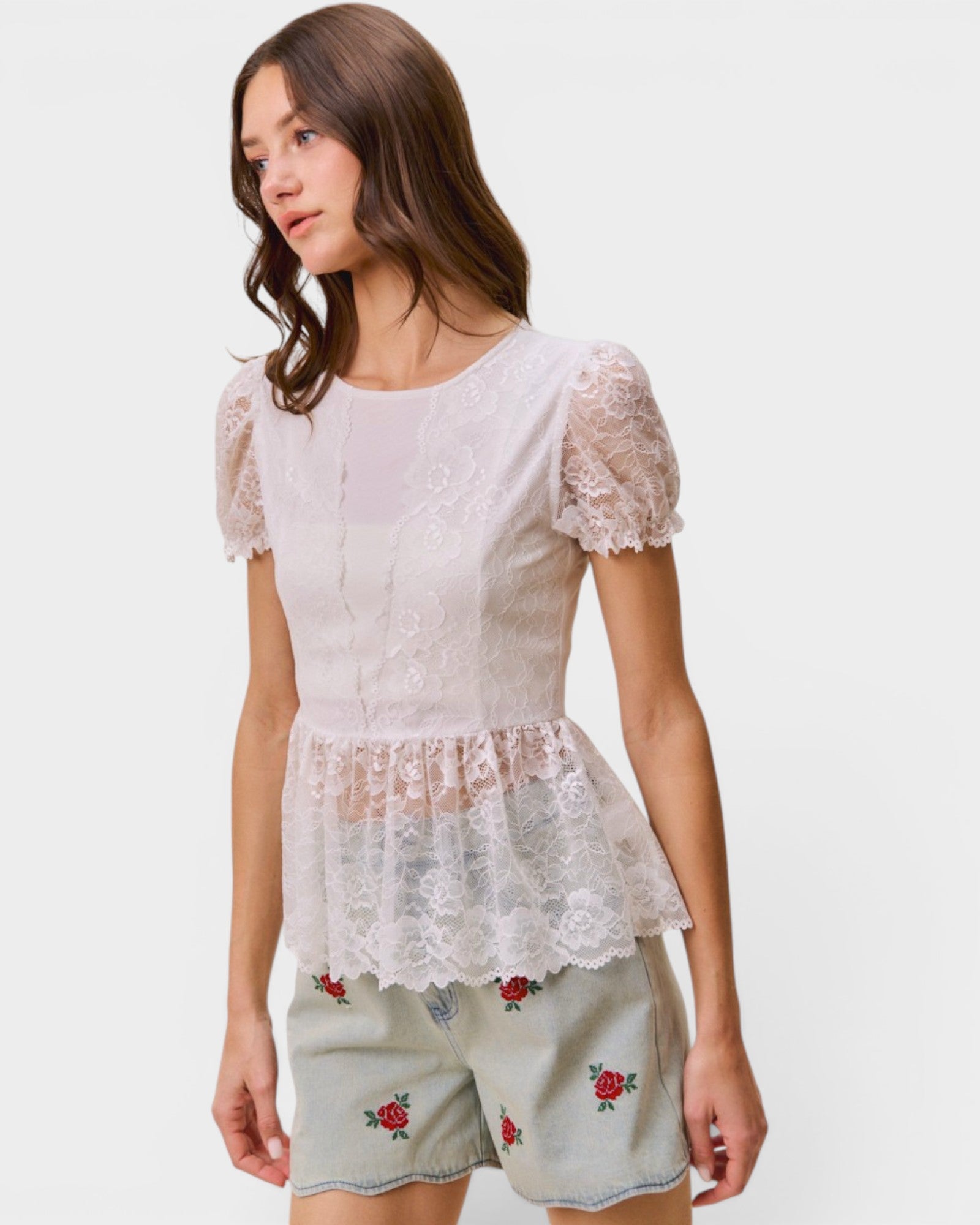 Light Wash Embroidered Rose Denim Shorts